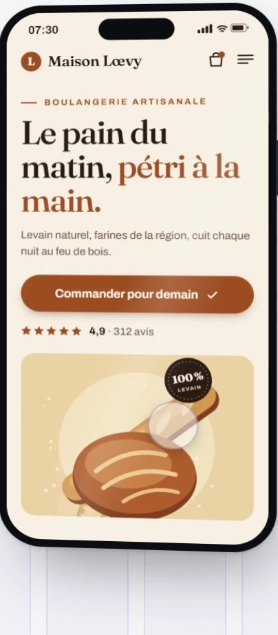 Exemple de site sur mobile : boulangerie Maison Lœvy, avec son bouton de commande