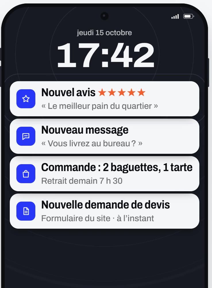 Écran de téléphone : nouvel avis 5 étoiles, nouveau message, commande et demande de devis arrivent via le site